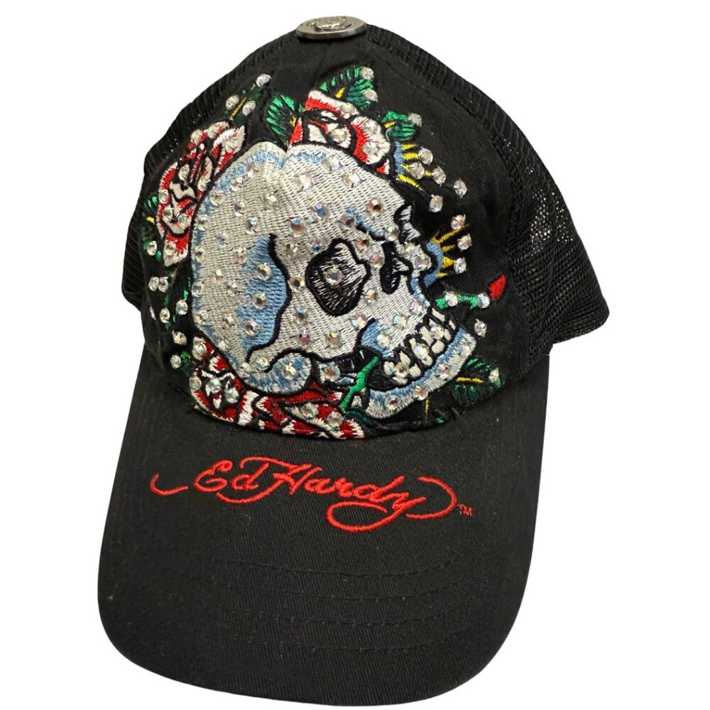 Authentic Ed Hardy Skull & Roses Bejeweled Black Mesh Snapback Trucker Hat